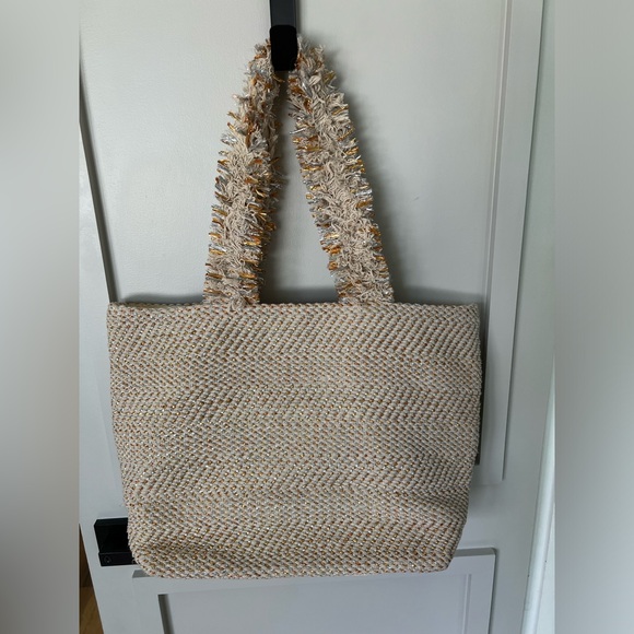 AMERICA & BEYOND. Boho metallic tote bag beach girly neutral straw travel - Picture 7 of 11